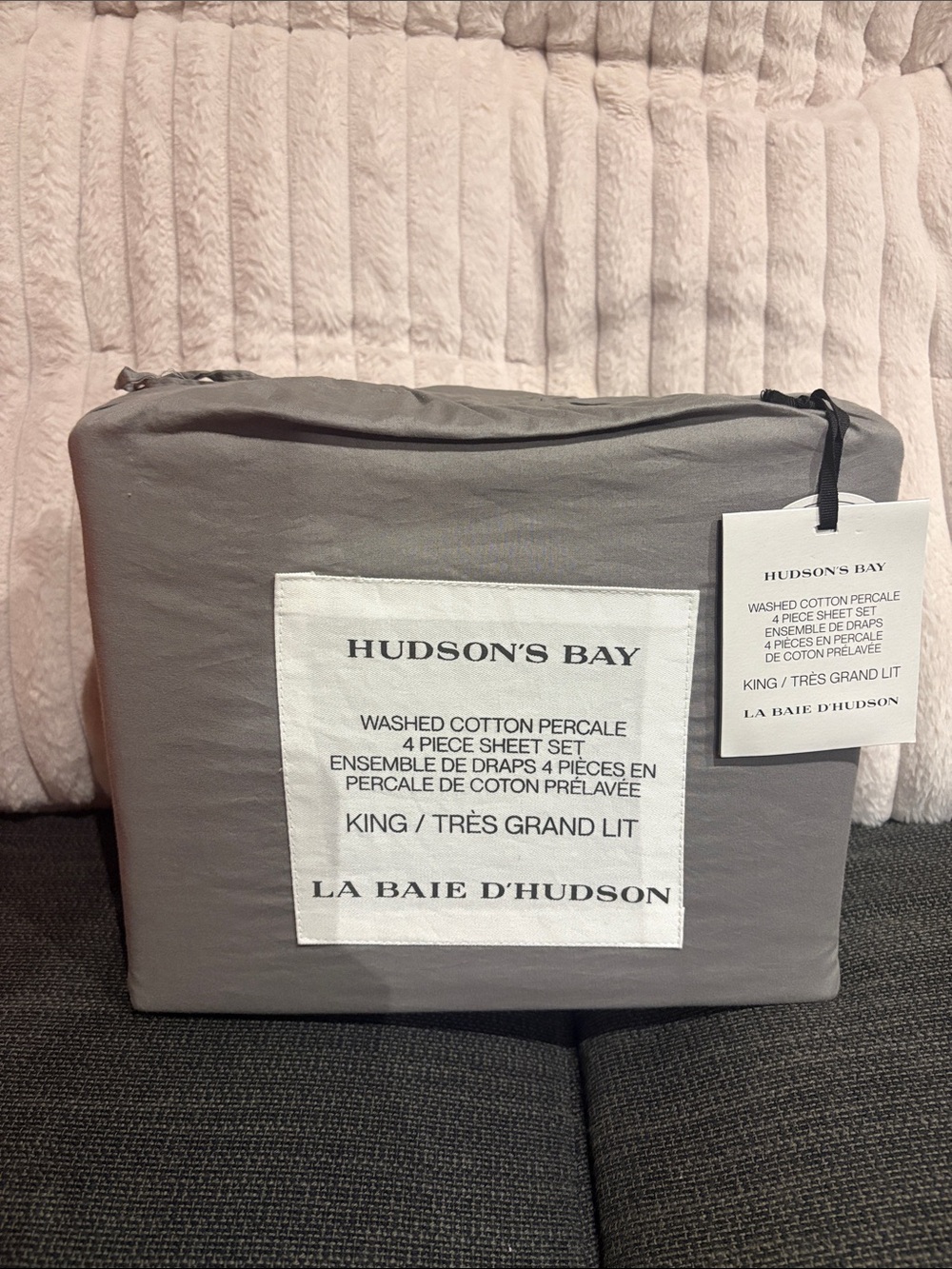 BNWT Hudson’s Bay Company Washed Cotton Percale Sheet Set-Grey-King